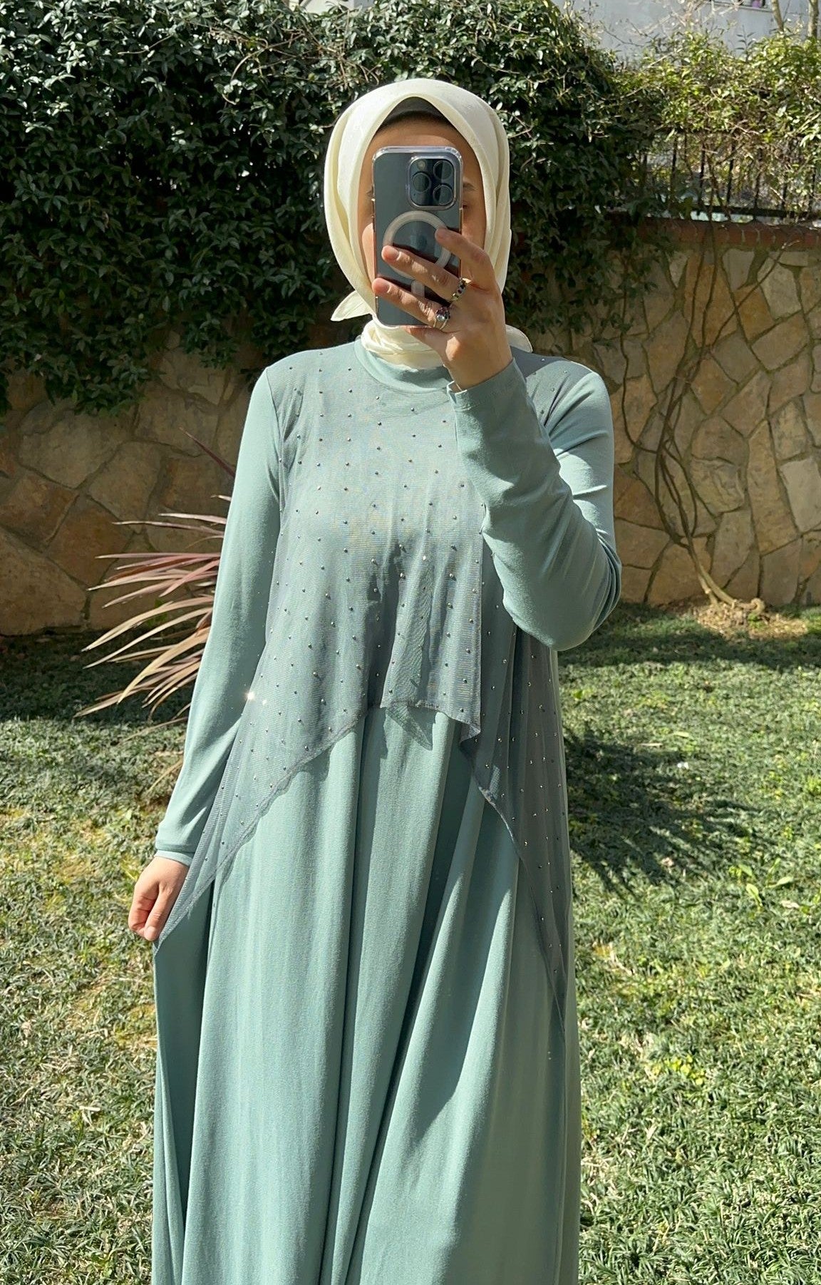 Taşlı Relax Elbise Mint