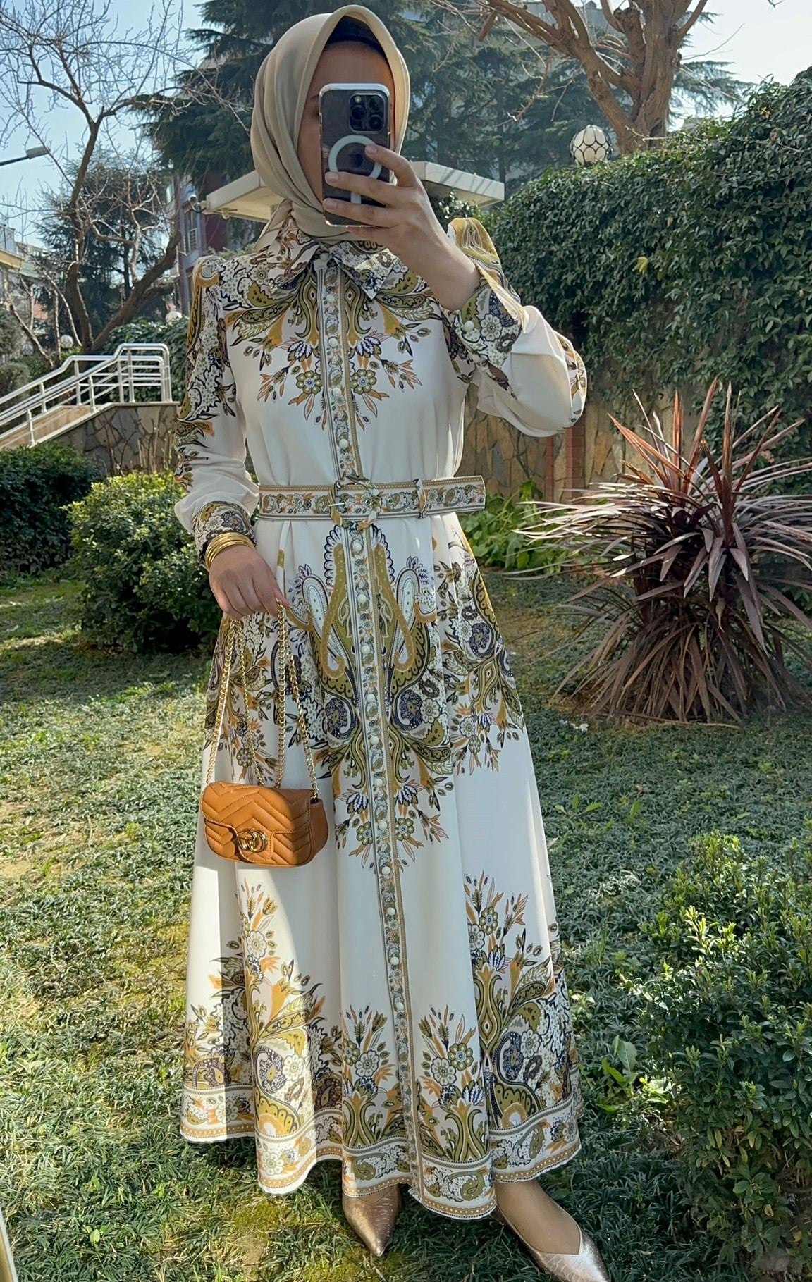 Etnik Desen Elbise Yağ Yeşili