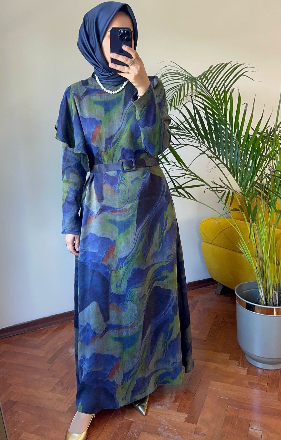 İpek Cupra Mavi Yeşil Elbise