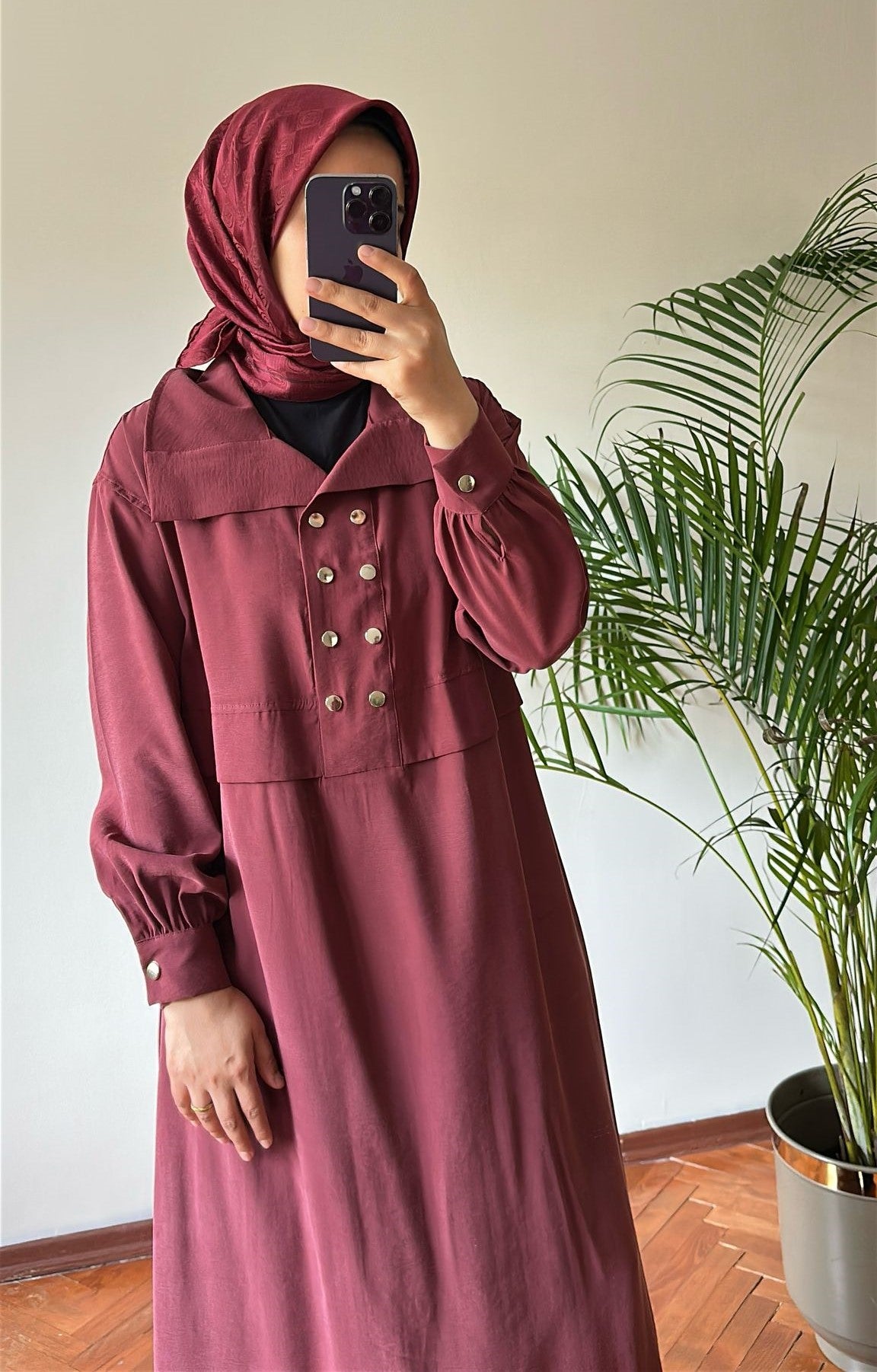 Düğmeli Tensel Elbise Bordo