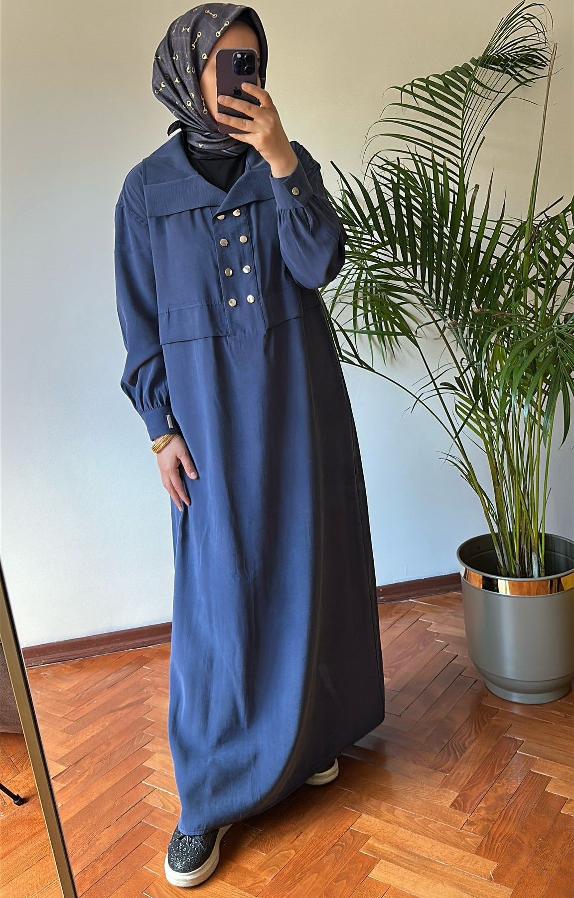 Düğmeli Tensel Elbise İndigo