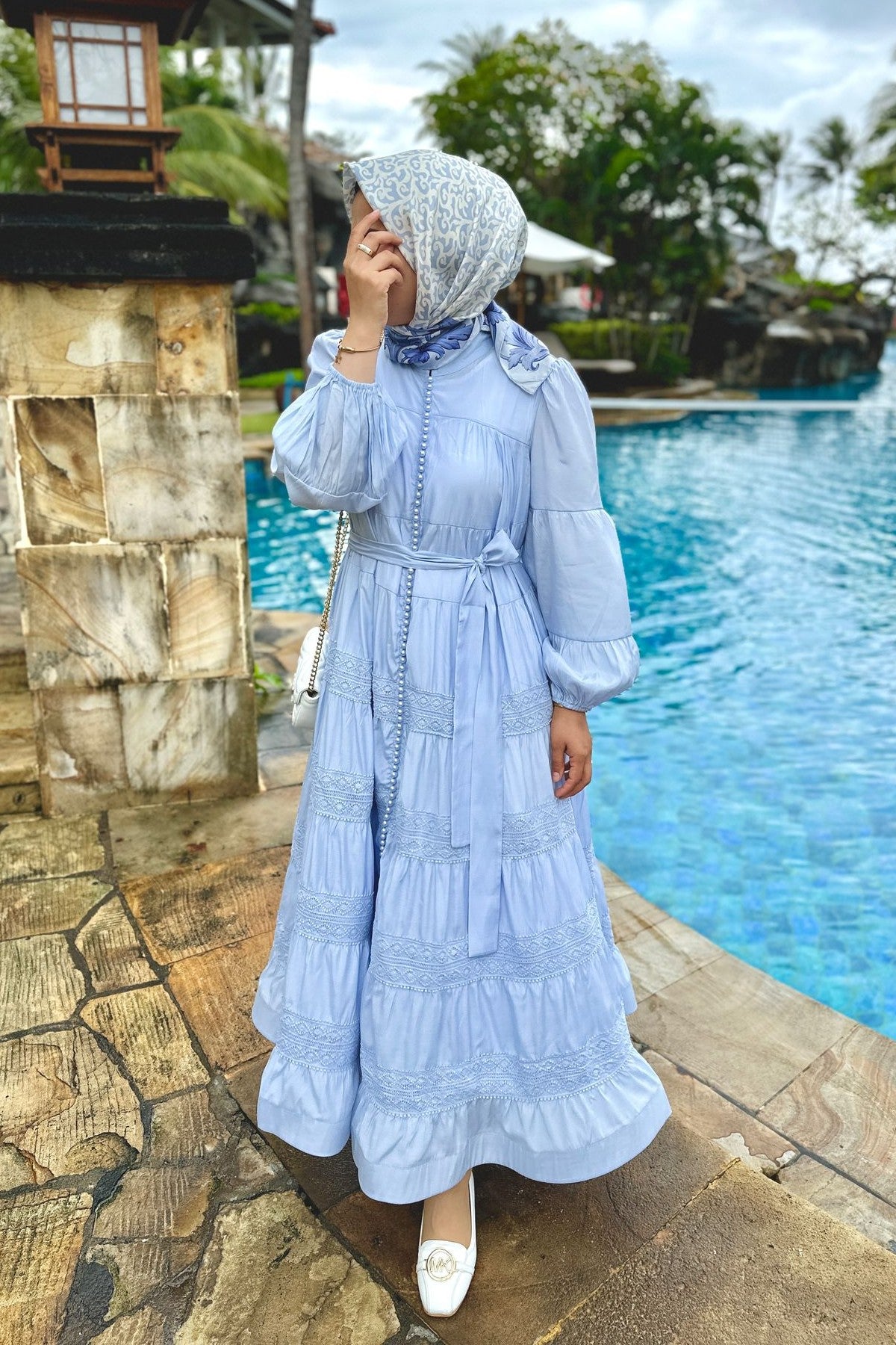 İthal İnci Detaylı Elbise Mavi